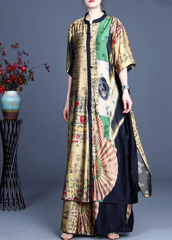 Stylish Yellow Asymmetrical Design retro Print Summer long shirts Two Pieces Set - SooLinen