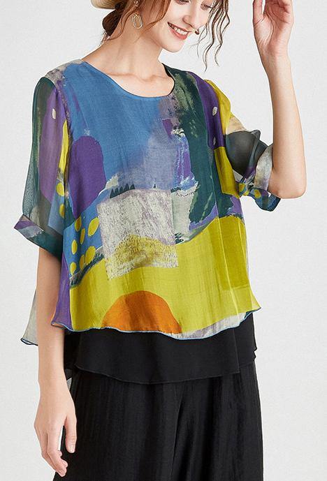 Stylish Yellow Blue Half Sleeve Chiffon Summer Shirt - SooLinen