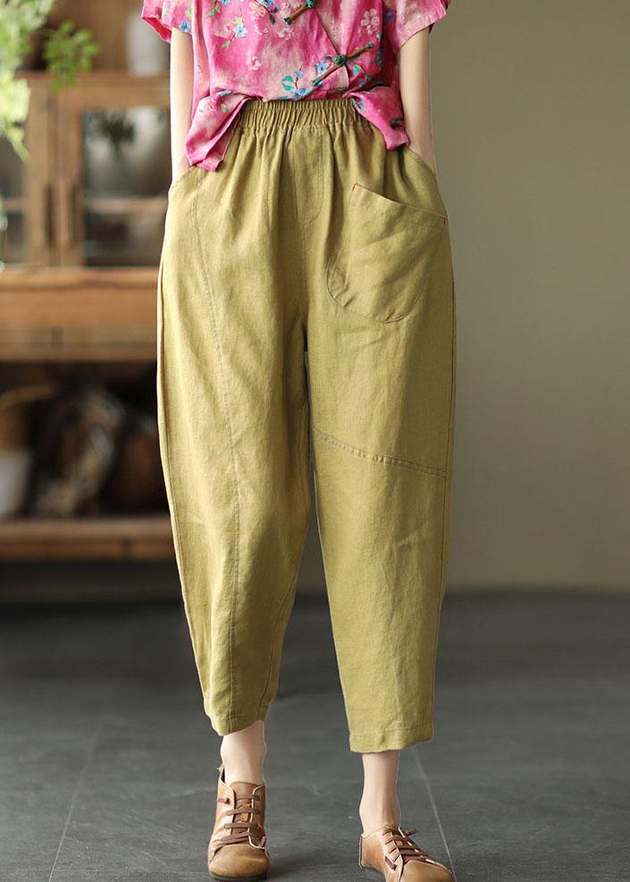 Stylish Yellow Linen Pockets Patchwork Summer Pants - SooLinen