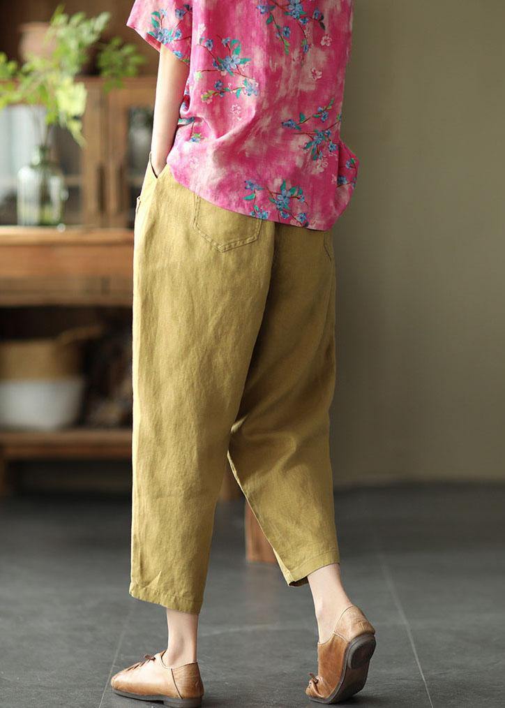 Stylish Yellow Linen Pockets Patchwork Summer Pants - SooLinen