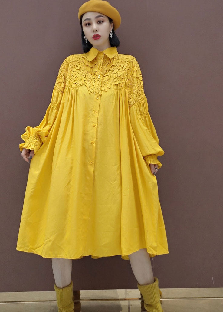 Stylish Yellow Puff Sleeve Peter Pan Collar lace Patchwork shirt Dress Spring