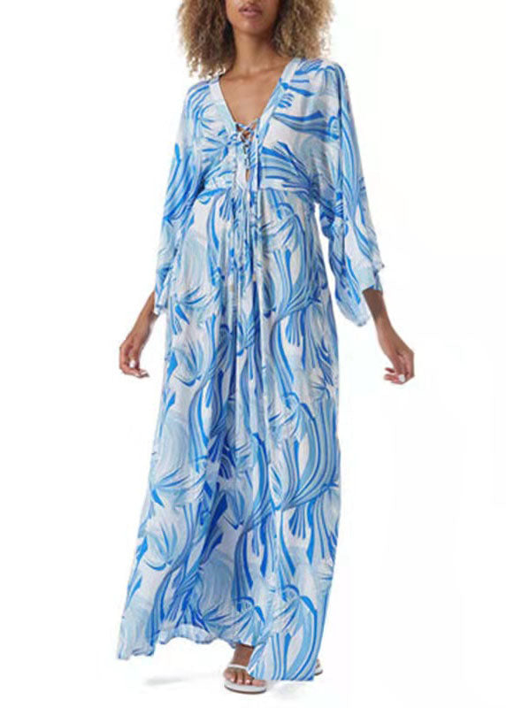 Stilvolle Kimono-Robe-Kleider aus Chiffon mit Bindegürtel in Blau