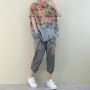 Summer 2021 new loose large size fan printed washed denim suit - SooLinen