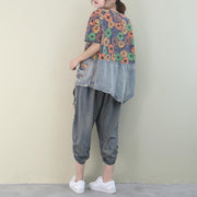 Summer 2021 new loose large size fan printed washed denim suit - SooLinen