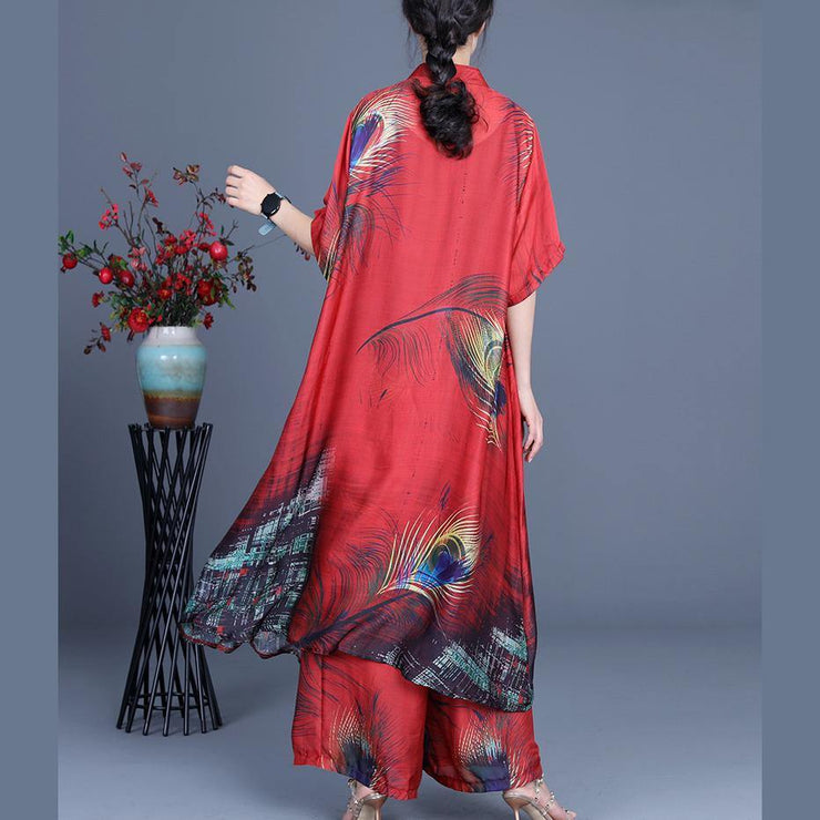 Summer 2021 Loose Silk Red Print Coat + Two Piece Pants - SooLinen