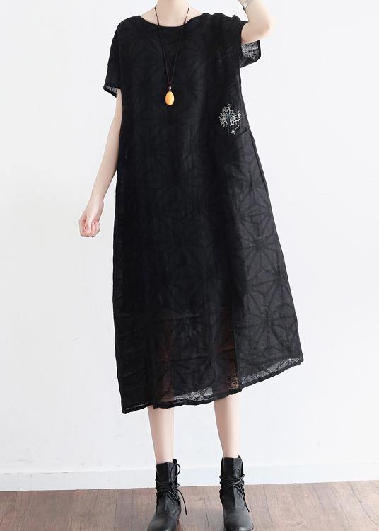 Summer Black Cotton Hemp Embroidered Oversized Dress - SooLinen