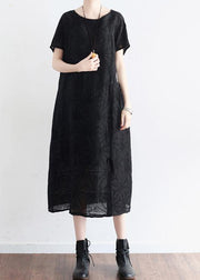 Summer Black Cotton Hemp Embroidered Oversized Dress - SooLinen