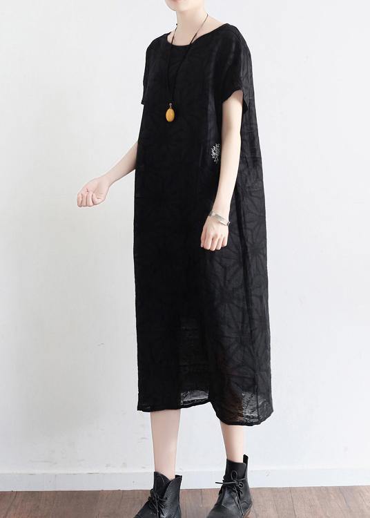 Summer Black Cotton Hemp Embroidered Oversized Dress - SooLinen