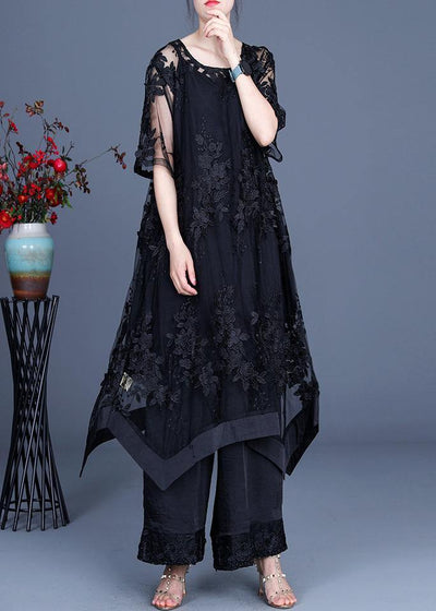 Summer Black Dress Wide Leg Pants Suspender Skirt Three Piece Set - SooLinen