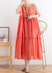 Summer French Orange Patchwork O-Neck Cotton Long Dresses - SooLinen