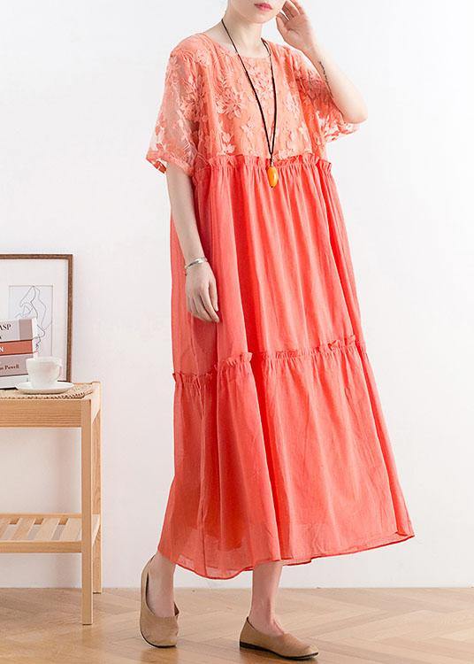 Summer French Orange Patchwork O-Neck Cotton Long Dresses - SooLinen