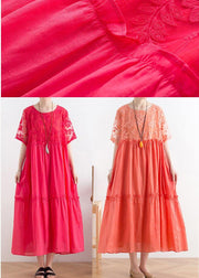 Summer French Orange Patchwork O-Neck Cotton Long Dresses - SooLinen