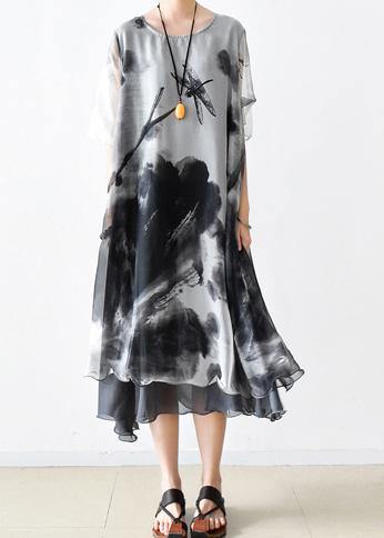 Summer Grey Print Chiffon Women Short Sleeve Dress - SooLinen