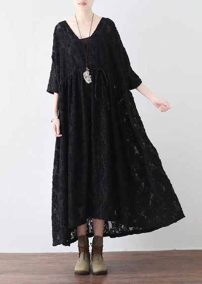 Summer Italian Black Chiffon Round Neck Holiday Dress - SooLinen