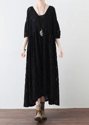 Summer Italian Black Chiffon Round Neck Holiday Dress - SooLinen