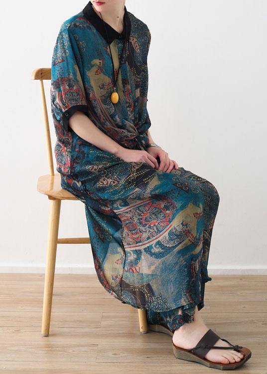 Summer Large Blue Print Chiffon Print Set Women&