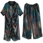 Summer Large Blue Print Chiffon Print Set Women's Shirt Pants Two Piece Set - SooLinen