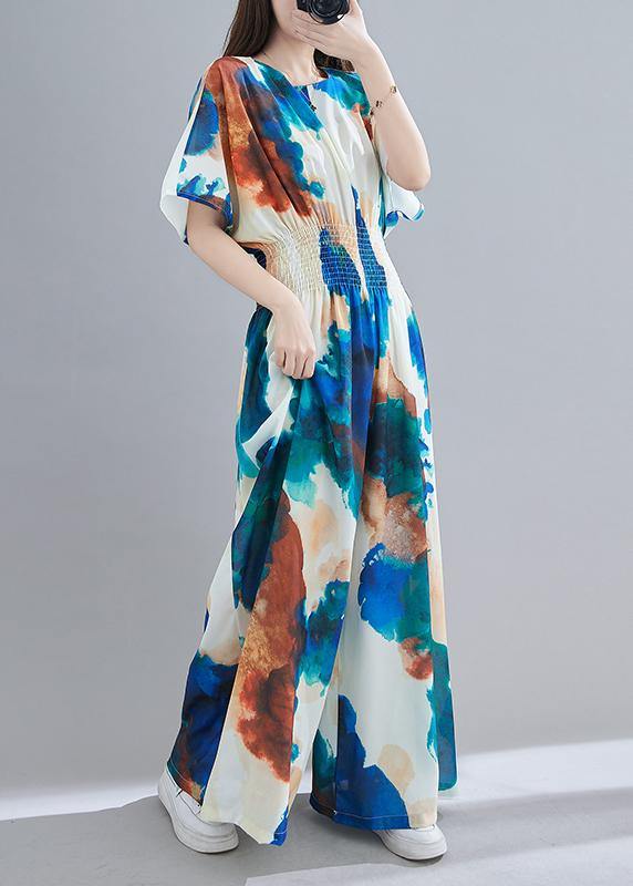 Summer New Light Blue Print Close Waist Jumpsuit - SooLinen