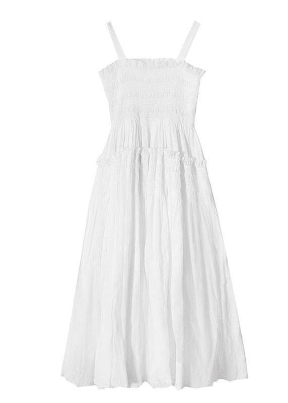 Summer Trendy White Cinched RuffledCotton Maxi Dresses - SooLinen