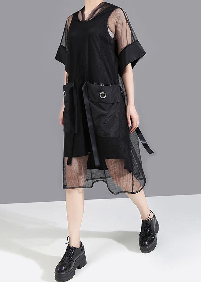 Summer Woman Black Mesh Hooded Dress - SooLinen