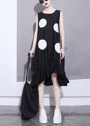 Summer Woman Black Sleeveless Large Dots Patches Ruffle Hem Straight Sundress - SooLinen