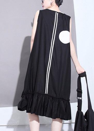 Summer Woman Black Sleeveless Large Dots Patches Ruffle Hem Straight Sundress - SooLinen