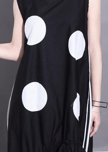 Summer Woman Black Sleeveless Large Dots Patches Ruffle Hem Straight Sundress - SooLinen