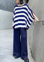 Summer casual fashion age reduction large size striped bat sleeve T-shirt + wide leg pants two-piece suit - SooLinen