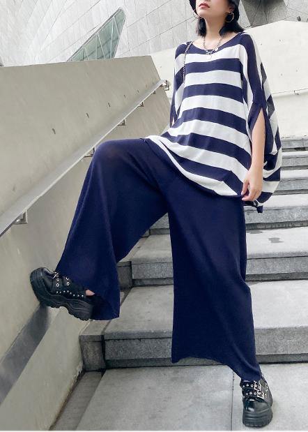 Summer casual fashion age reduction large size striped bat sleeve T-shirt + wide leg pants two-piece suit - SooLinen