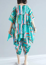 Summer dress women's art green print shirt + cotton and linen seven points casual pants - SooLinen