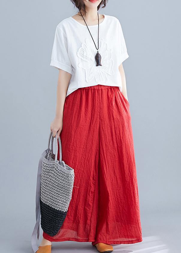 Summer ethnic wide-leg pants loose casual red trousers - SooLinen