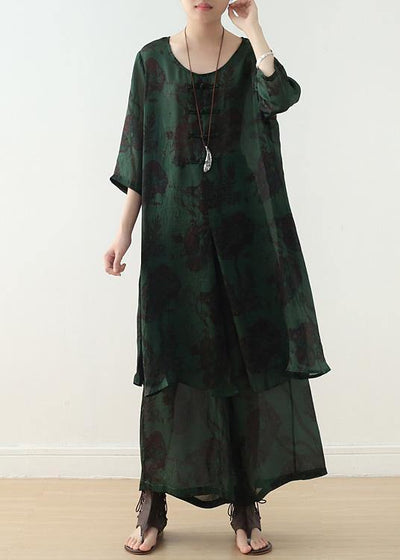 Summer green Chinese Button Print o Neck Silk Satin Top Wide Leg Pants Two Piece - SooLinen