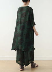 Summer green Chinese Button Print o Neck Silk Satin Top Wide Leg Pants Two Piece - SooLinen