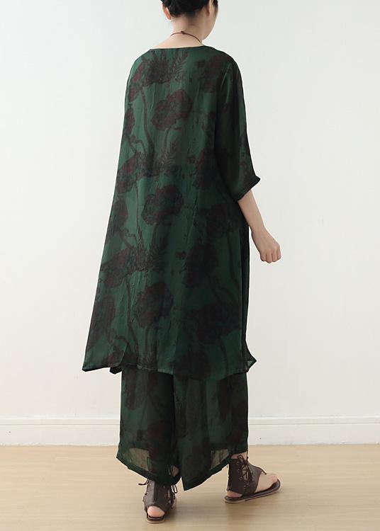 Summer green Chinese Button Print o Neck Silk Satin Top Wide Leg Pants Two Piece - SooLinen