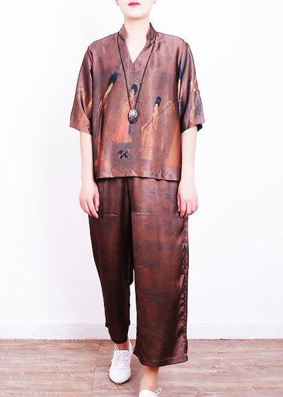 Summer new brown print loose loose shirt + wide leg pants set - SooLinen