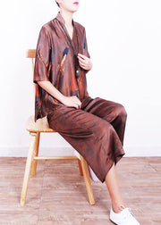 Summer new brown print loose loose shirt + wide leg pants set - SooLinen