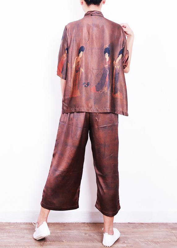 Summer new brown print loose loose shirt + wide leg pants set - SooLinen