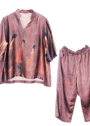 Summer new brown print loose loose shirt + wide leg pants set - SooLinen