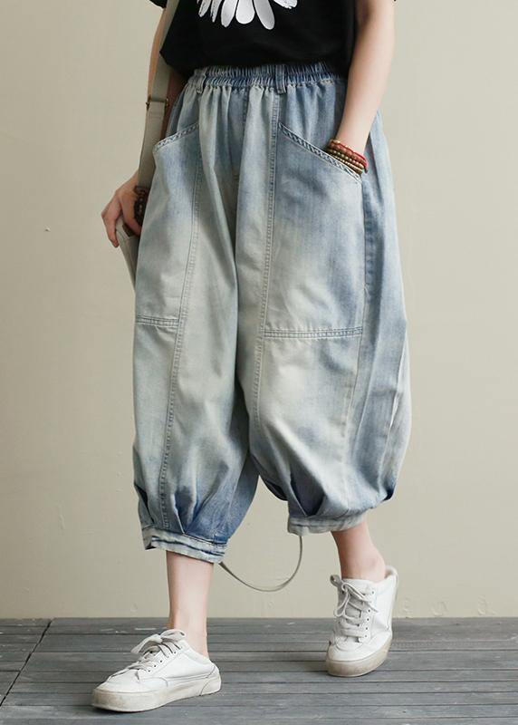 Summer new cropped denim bloomers women loose large size blue harem pants - SooLinen