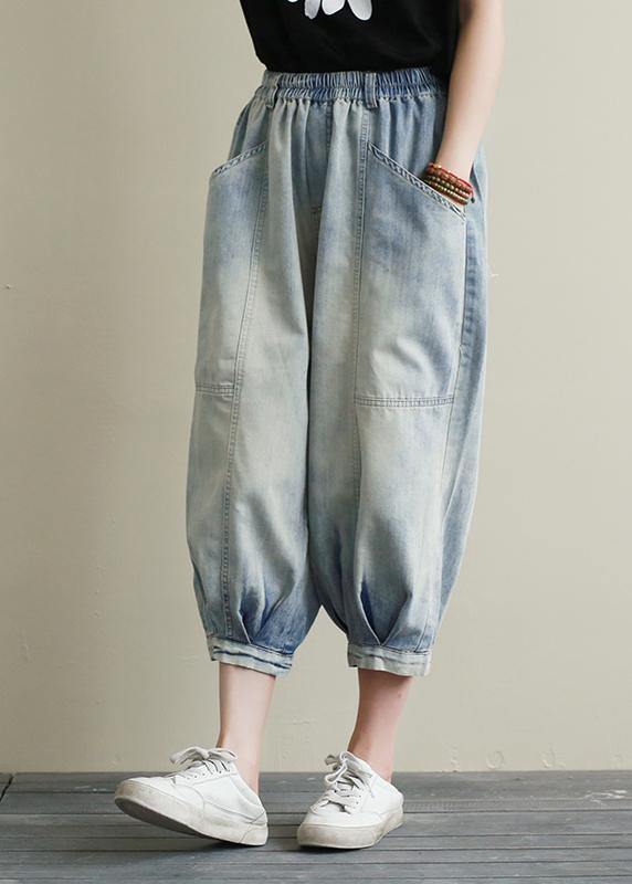 Summer new cropped denim bloomers women loose large size blue harem pants - SooLinen