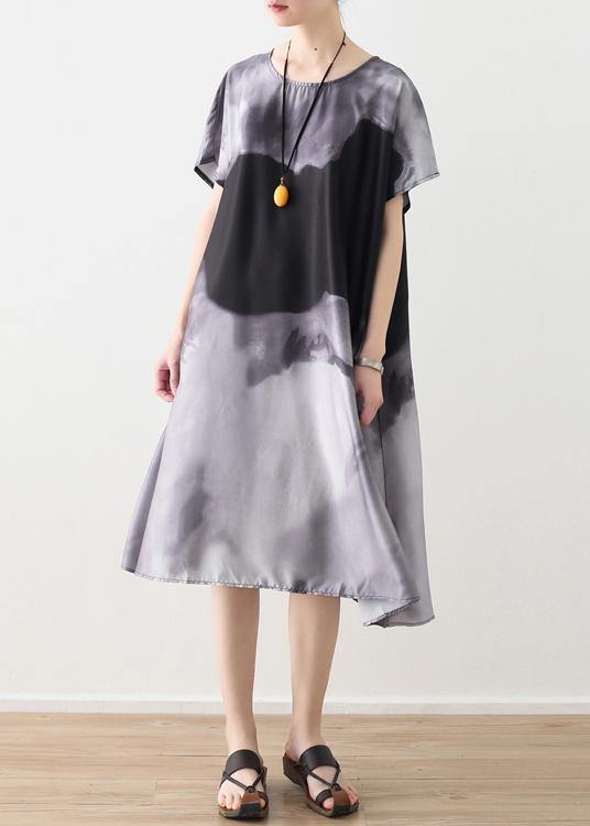 Summer new loose large size retro temperament gray ink printing chiffon fragrant cloud forging dress - SooLinen