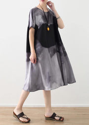 Summer new loose large size retro temperament gray ink printing chiffon fragrant cloud forging dress - SooLinen