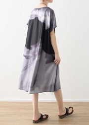 Summer new loose large size retro temperament gray ink printing chiffon fragrant cloud forging dress - SooLinen