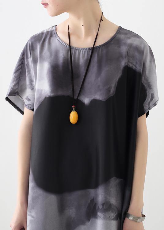 Summer new loose large size retro temperament gray ink printing chiffon fragrant cloud forging dress - SooLinen