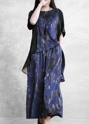 Summer new stitching suit wide irregular ethnic blue printing two-piece - SooLinen