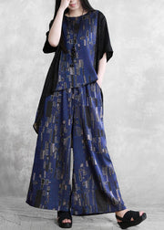 Summer new stitching suit wide irregular ethnic blue printing two-piece - SooLinen