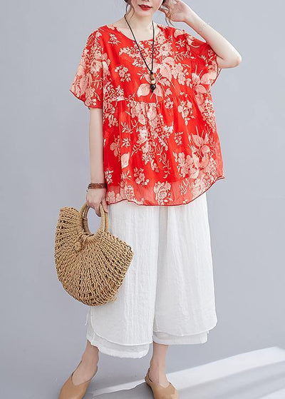 Summer red small floral cotton and linen top + wide-leg pants suit - SooLinen