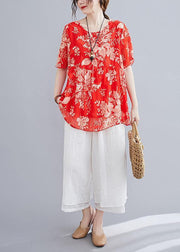 Summer red small floral cotton and linen top + wide-leg pants suit - SooLinen