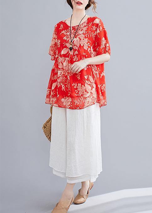 Summer red small floral cotton and linen top + wide-leg pants suit - SooLinen