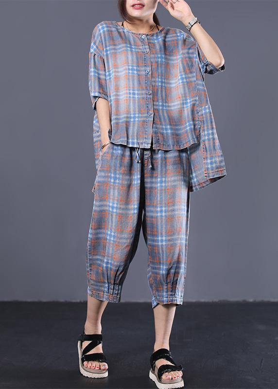 Summer retro plaid casual shirt denim two pieces - SooLinen